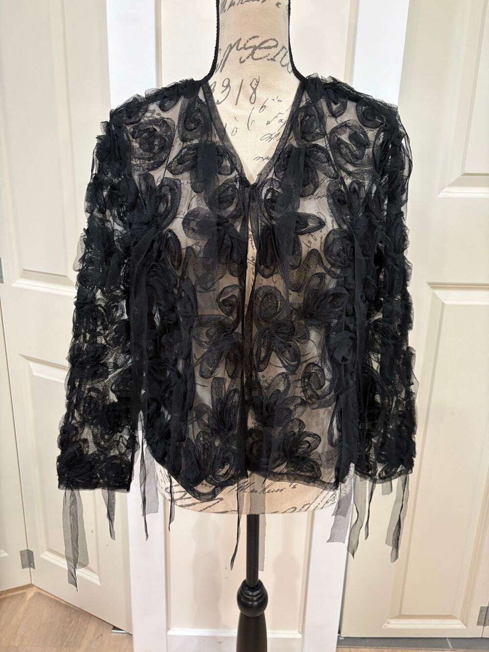 Spanner Black Lace Fringed Floral Sheer Whimsygoth Jacket Cardigan Size Small